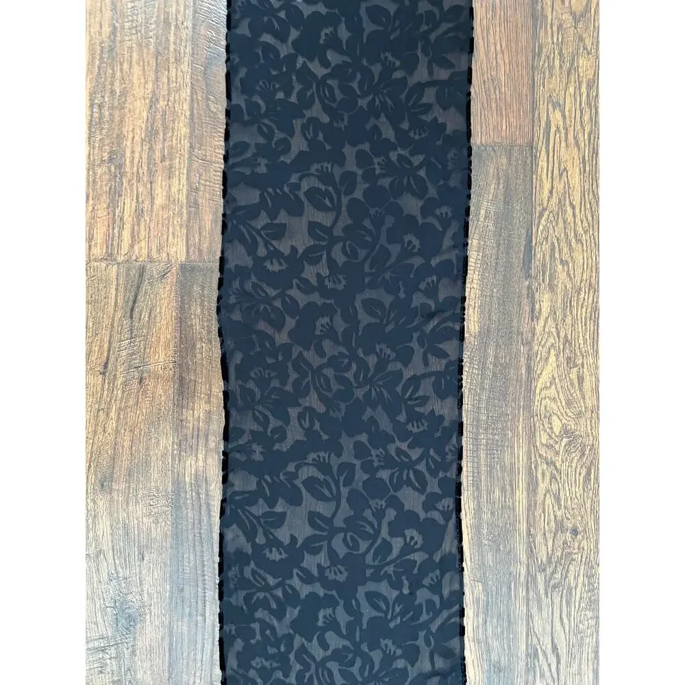 Vintage Accessory Burnout Velvet Oblong Scarf - Black Semi Sheer Floral Wrap